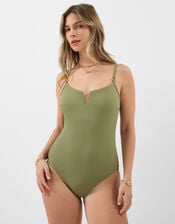 V Front Rib Shaping Swimsuit, Green (KHAKI), large