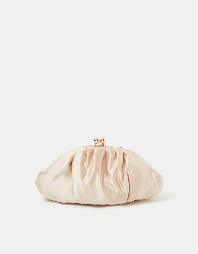 Ruched Satin Clip Frame Clutch Bag, Natural (CHAMPAGNE), large