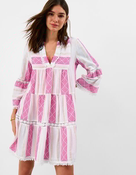 Flute Sleeve Jacquard Shimmer Mini Dress, Pink (PINK), large