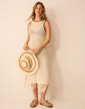 Sleeveless Fringe Crochet Knit Dress, Ivory (IVORY), large