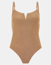 V-Front Shimmer Swimsuit , Gold (GOLD), large