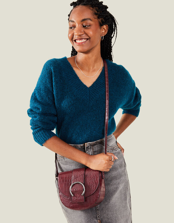 Faux Croc Ring Detail Saddle Bag, Red (BURGUNDY), large