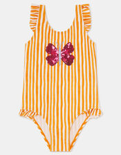 Girls Butterfly Embellished Stripe Swimsuit, Yellow (YELLOW), large