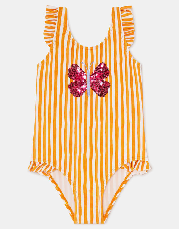 Girls Butterfly Embellished Stripe Swimsuit, Yellow (YELLOW), large