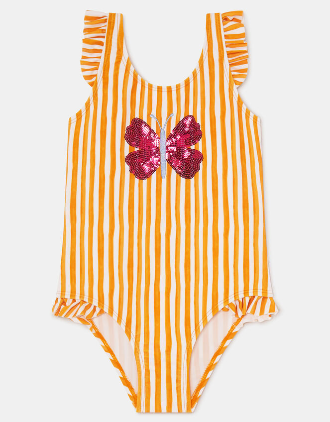 Girls Butterfly Embellished Stripe Swimsuit, Yellow (YELLOW), large