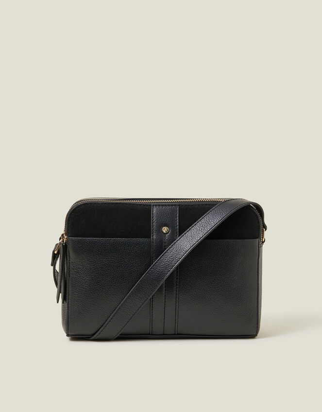 Double Zip Leather Cross-Body Bag, Black (BLACK), large