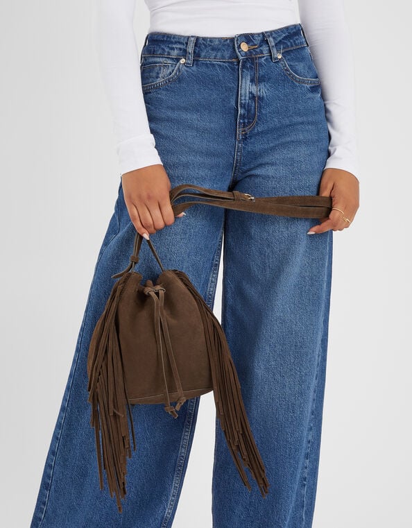 Suede Fringe Bucket Bag, , large