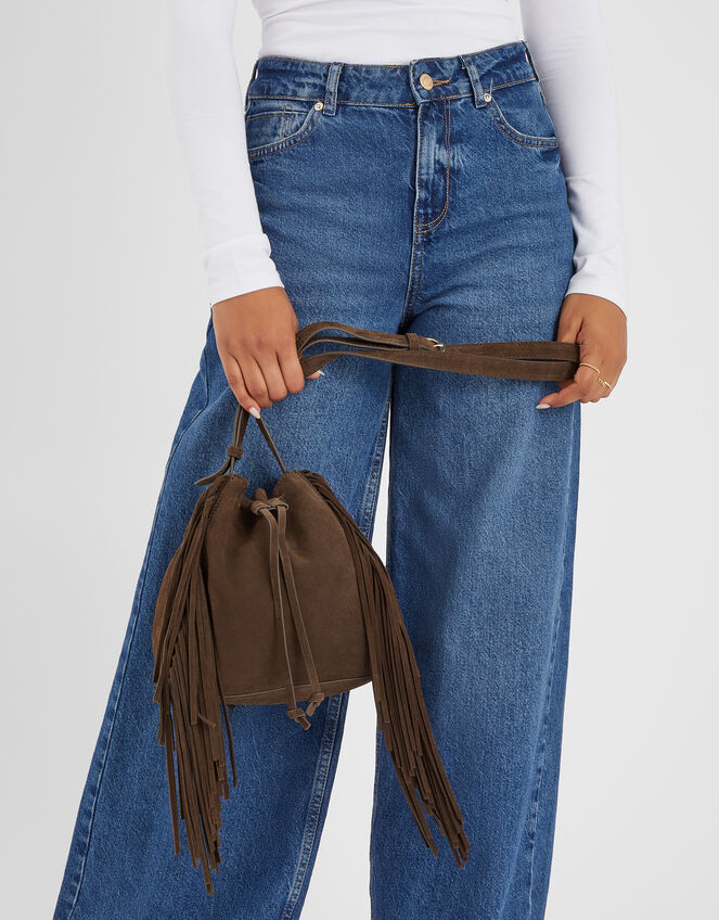 Suede Fringe Bucket Bag, , large