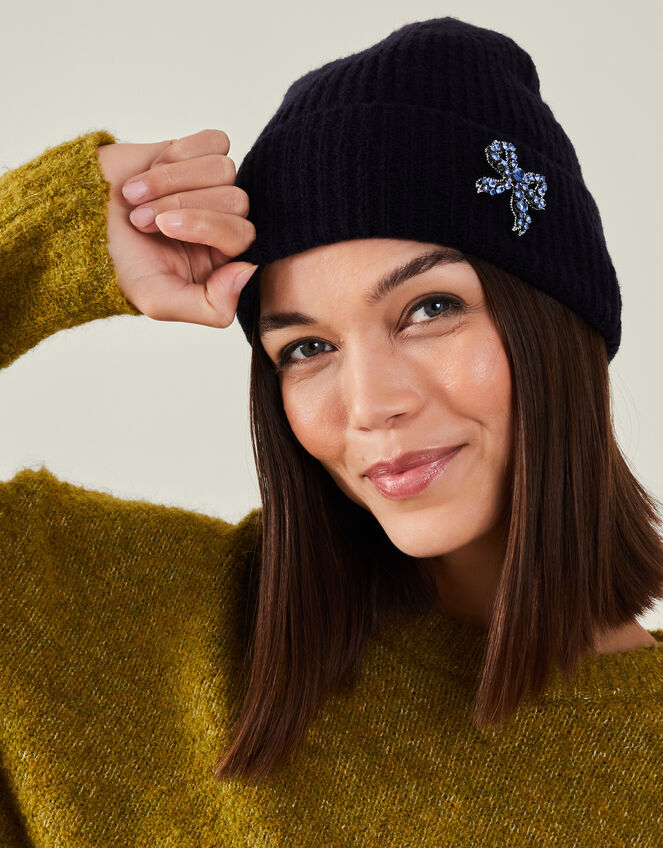 Embellished Bow Beanie Hat, , large