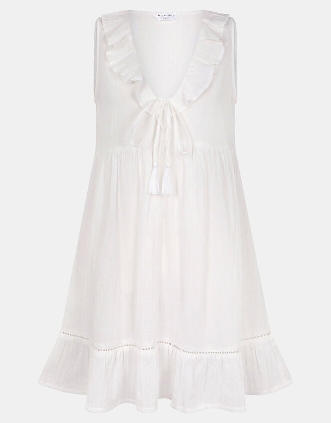 Sleeveless Ruffle Mini Dress, White (WHITE), large