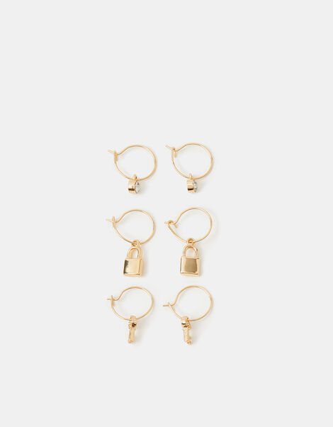 3-Pack Padlock & Key Hoop Earrings, , large