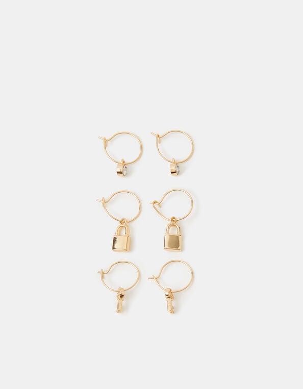 3-Pack Padlock & Key Hoop Earrings, , large