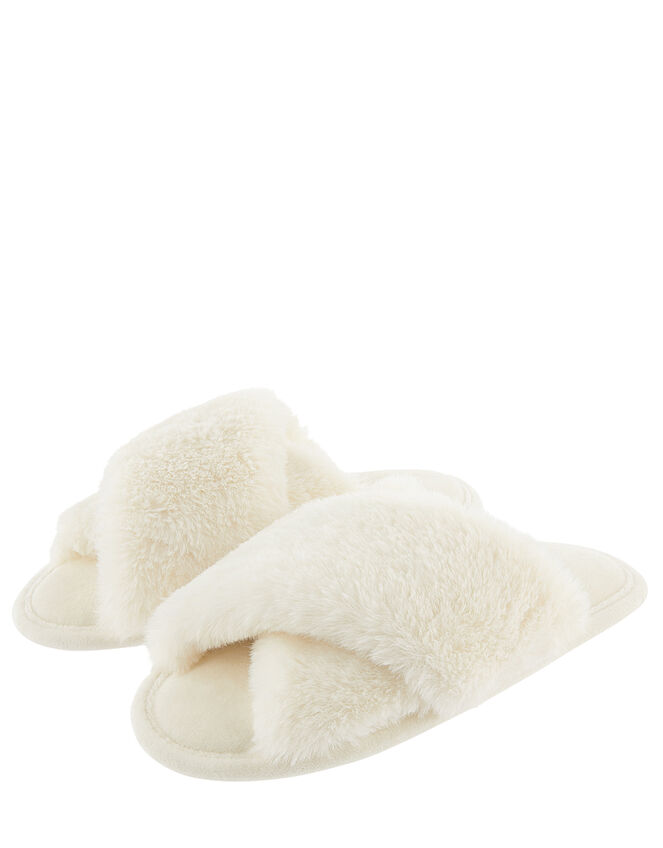 Fluffy Peep-Toe Slipper Sliders, Cream (CREAM), large