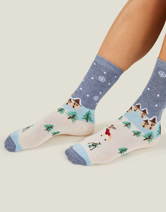 Snowy Scene Socks, Blue (BLUE), large