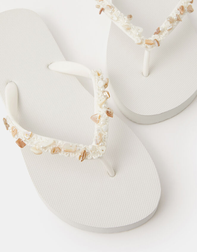 Bead Embellished Flip Flops, White (WHITE), large