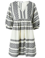 Patterned Jacquard Smock Dress in Pure Cotton, Black (BLACK WHITE), large