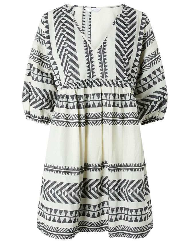 Patterned Jacquard Smock Dress in Pure Cotton, Black (BLACK WHITE), large
