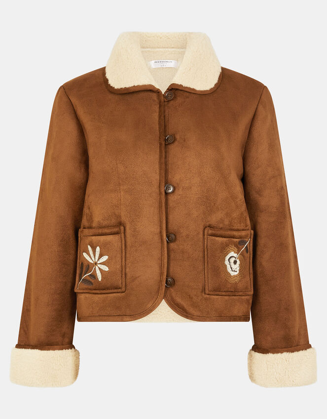 Floral Embroidered Faux Suede Jacket, Tan (TAN), large