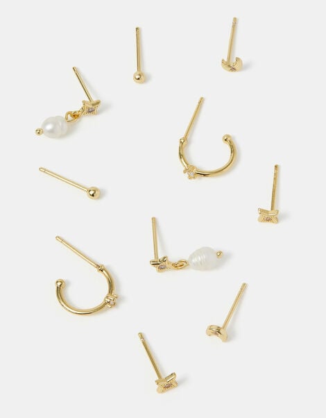 5-Pack 14ct Gold-Plated Pearl Stud & Hoop Earrings, , large