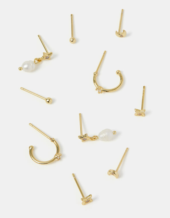 5-Pack 14ct Gold-Plated Pearl Stud & Hoop Earrings, , large