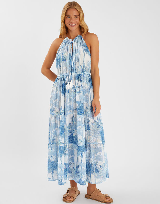 Palm Print Maxi Dress, White (WHITE), large