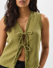 Tie-Front Crinkle Waistcoat, Green (KHAKI), large