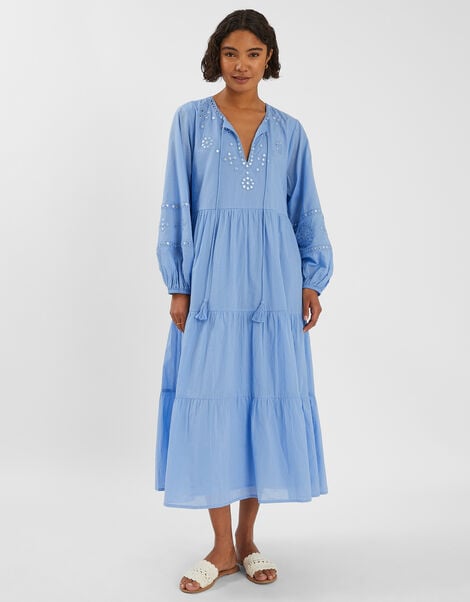 Mirror Embellished Long Sleeve Midi Dress, Blue (BLUE), large
