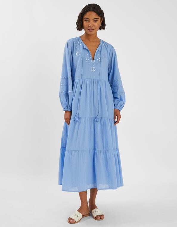 Mirror Embellished Long Sleeve Midi Dress, Blue (BLUE), large