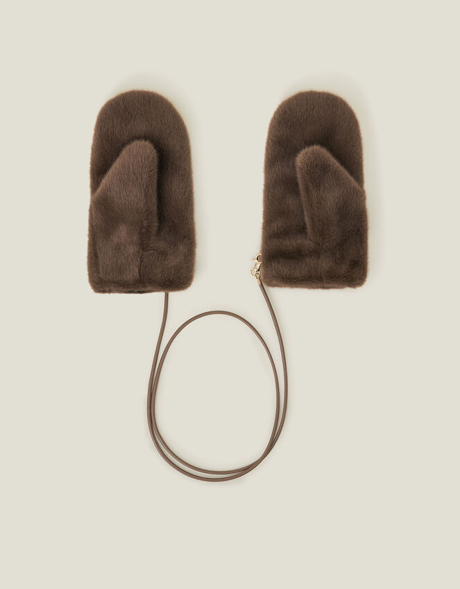 Faux Fur String Mittens, Brown (BROWN), large