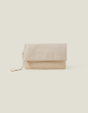 Leather Fold-Over Clutch Bag, Cream (CREAM), large