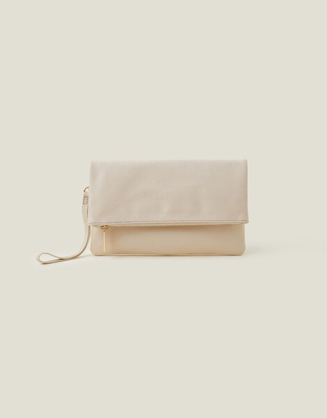 Leather Fold-Over Clutch Bag, Cream (CREAM), large