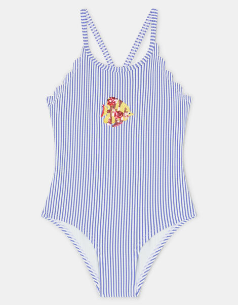 Girls Fish Embroidered Stripe Swimsuit, Blue (BLUE), large