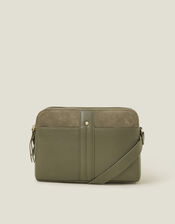 Double Zip Leather Cross-Body Bag, Green (KHAKI), large