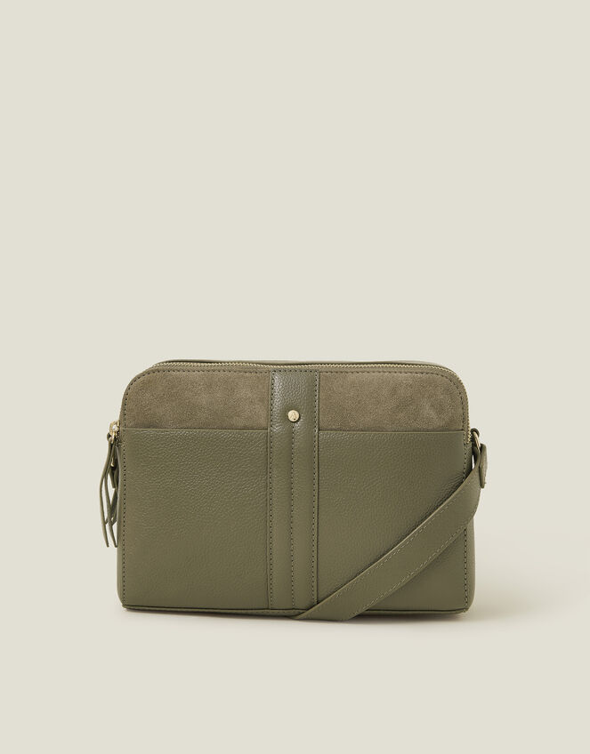 Double Zip Leather Cross-Body Bag, Green (KHAKI), large