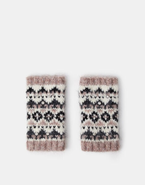 Embellished Fair Isle Fingerless Gloves, , large