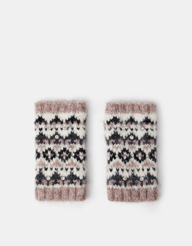 Embellished Fair Isle Fingerless Gloves, , large