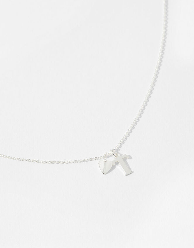 Sterling Silver Heart Initial Necklace - T, , large