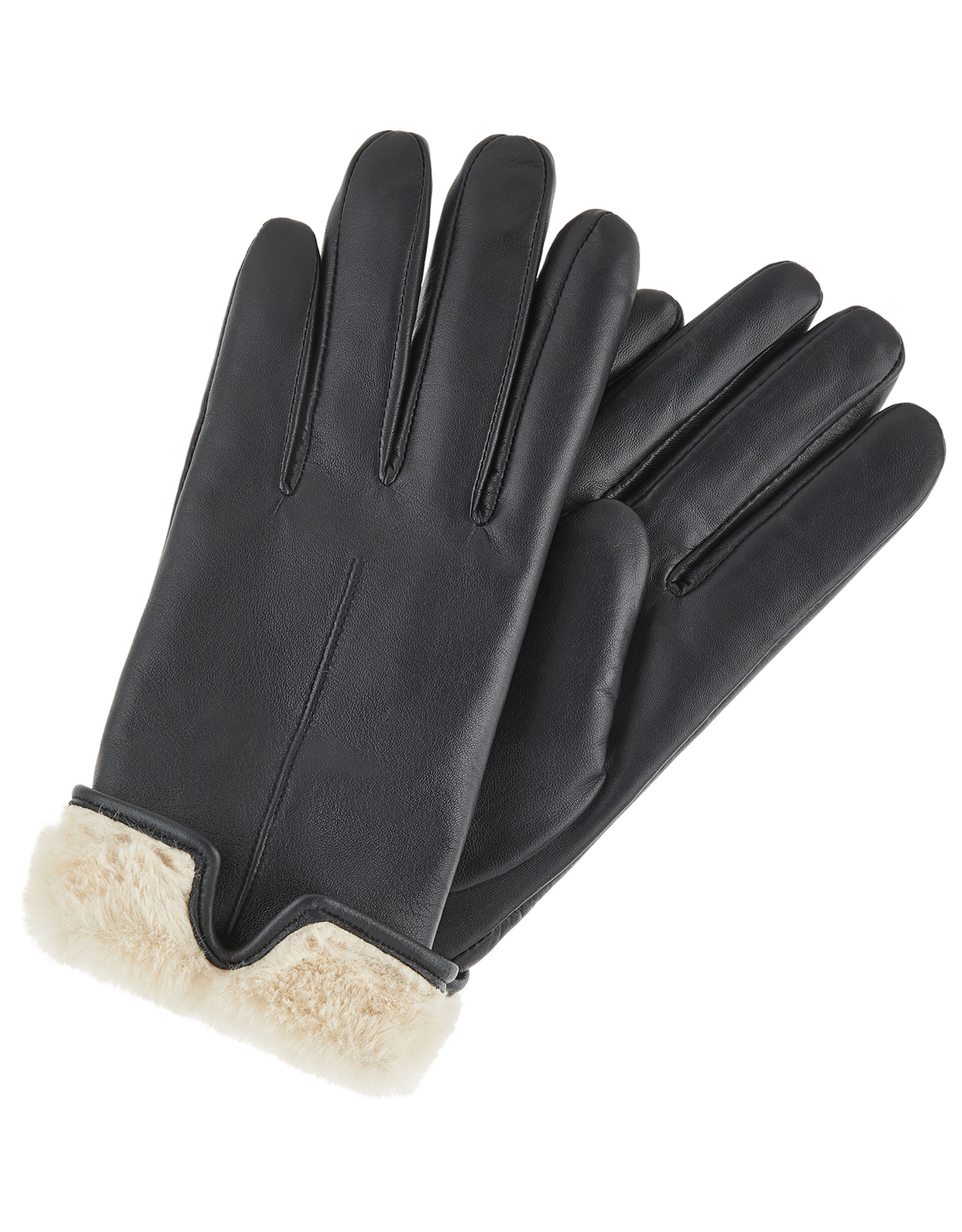 Leather Glove with Faux Fur Trim, Black (BLACK), large