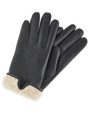 Faux Fur Leather Gloves, Black (BLACK), large
