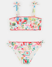 Girls Postcard Print Bikini Set, Multi (PASTEL MULTI), large