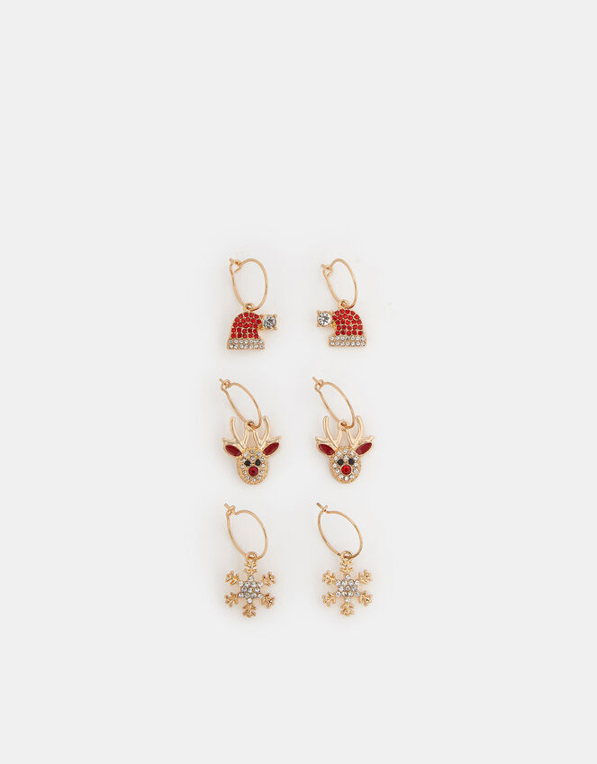 3-Pack Diamanté Christmas Charm Hoop Earrings, , large