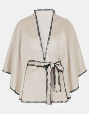 Contrast Trim Belted Poncho, , large