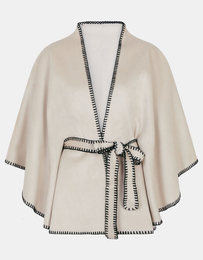 Contrast Trim Belted Poncho, , large