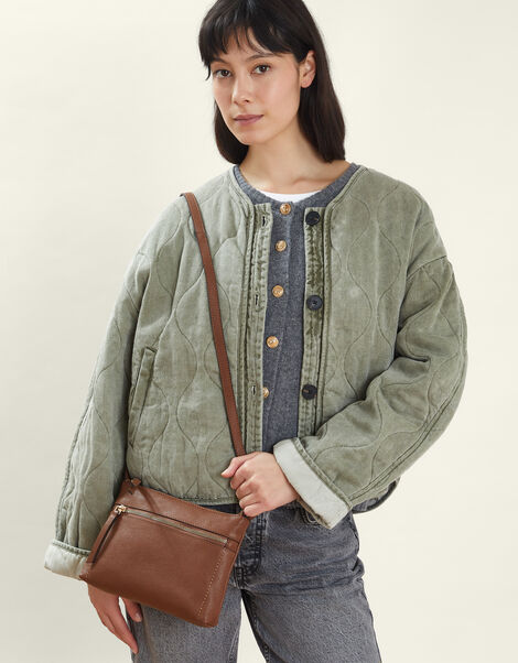 Zip Detail Leather Cross-Body Bag, Tan (TAN), large