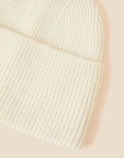 Wide Turn-Up Beanie in Wool Blend, Ivory (IVORY), large
