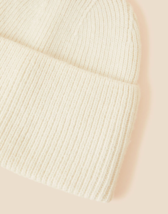 Wide Turn-Up Beanie in Wool Blend, Ivory (IVORY), large