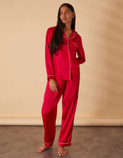 Button Satin Full-Length Pyjama Set, Red (RED), large