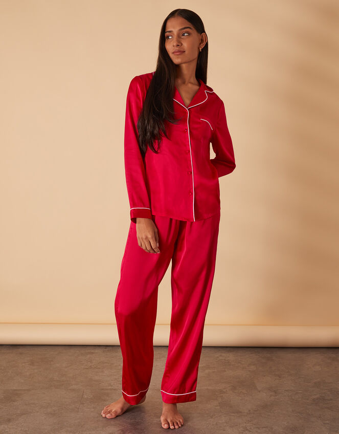 Button Satin Full-Length Pyjama Set, Red (RED), large