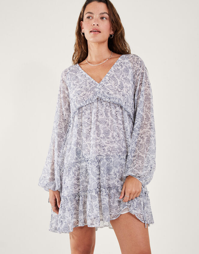 Long Sleeve Tiered Boho Dress, White (WHITE), large