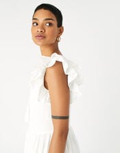 Broderie Frill Shoulder Midi Dress , White (WHITE), large